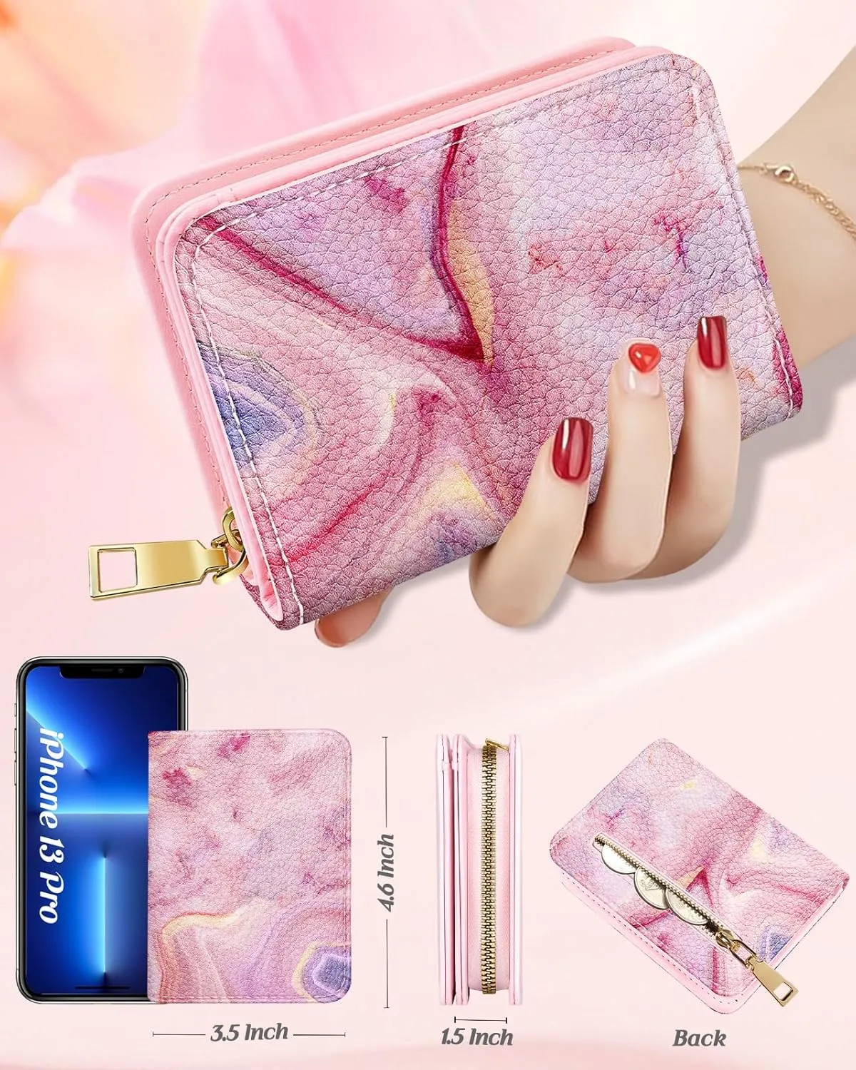 Bistup Credit Card Holder Wallet for Women Cute Leather Ladies Teen Girls Female Cardholder Wallets Accordion Purse Small Medium Aesthetic Print Marble Modern Design Rfid Zipper Around