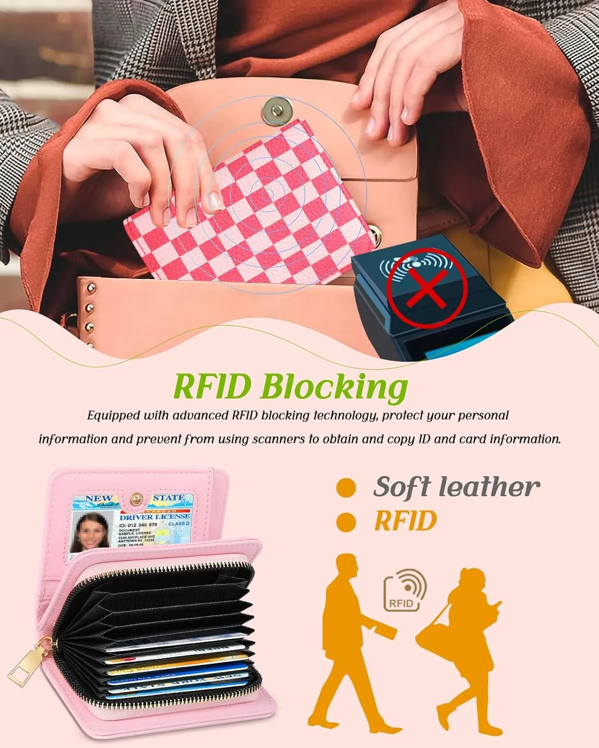 Bistup Credit Card Holder Wallet for Women - Cute Leather Ladies Teen Girls Female Cardholder Wallets Accordion Purse Small Medium Aesthetic Print Plaid Unique Modern Rfid Zipper Around