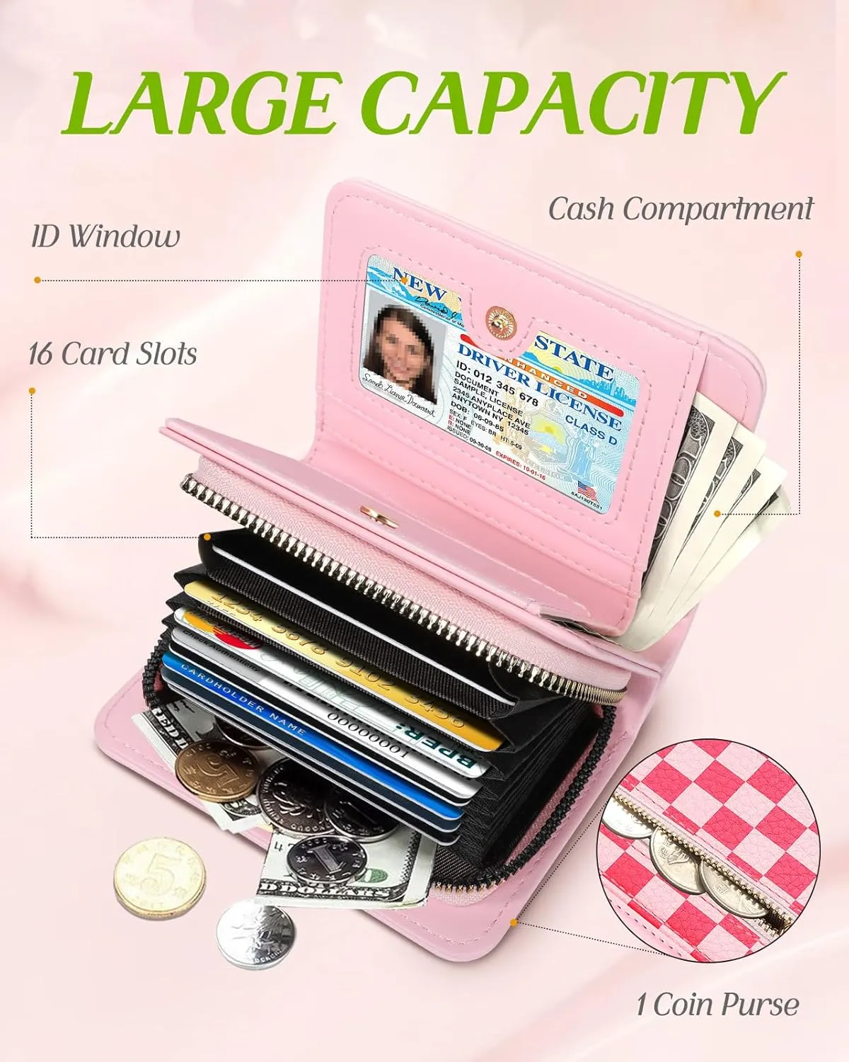 Bistup Credit Card Holder Wallet for Women - Cute Leather Ladies Teen Girls Female Cardholder Wallets Accordion Purse Small Medium Aesthetic Print Plaid Unique Modern Rfid Zipper Around