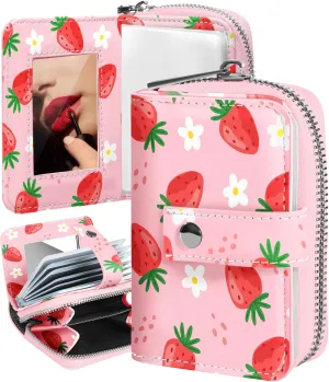 Bistup Credit Card Holder Wallet for Women Ladies Cute Small Teen Girls Female Rfid Leather Cardholder Wallets Organizer Purse Strawberry Girly Aesthetic Print Unique Zipper