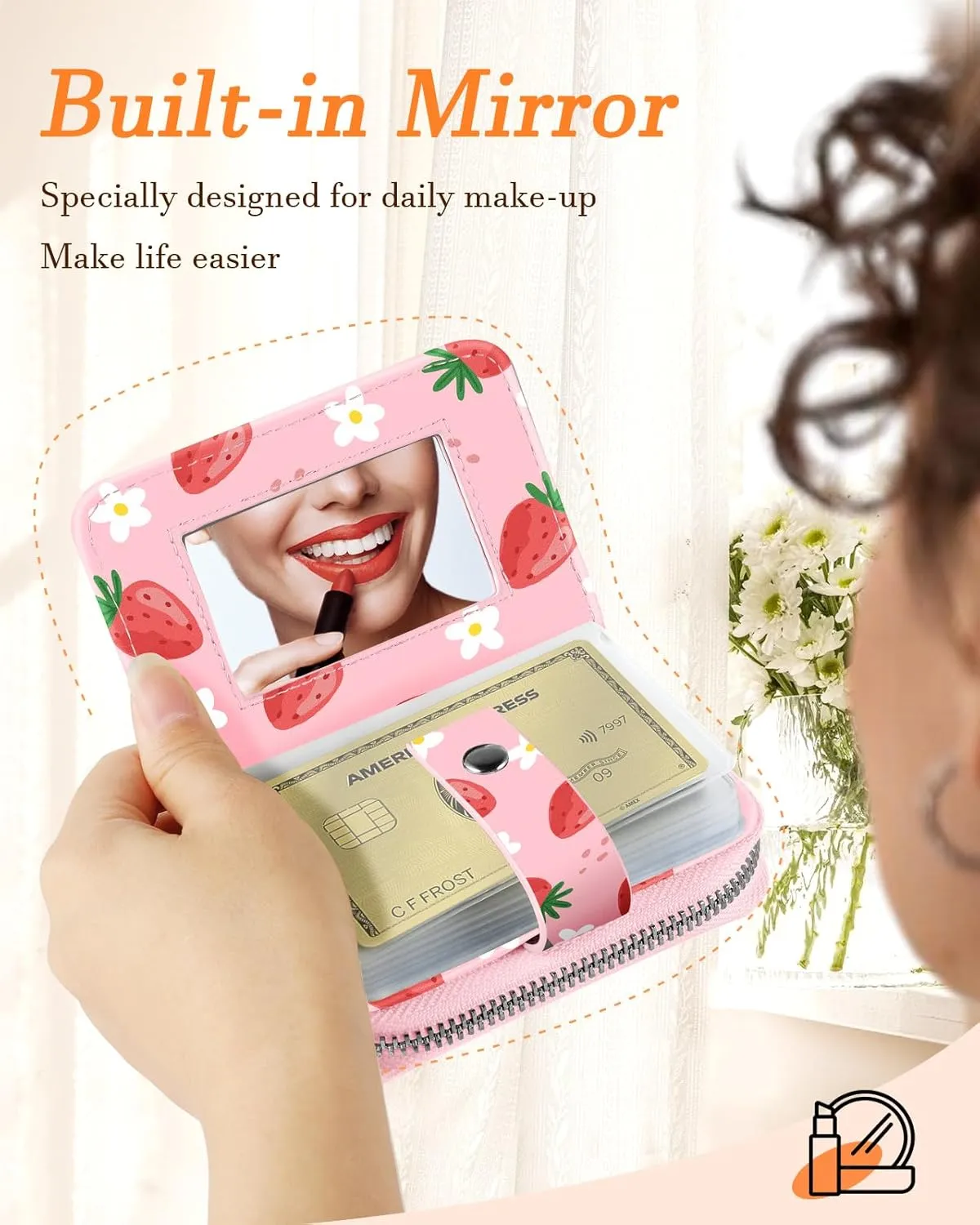 Bistup Credit Card Holder Wallet for Women Ladies Cute Small Teen Girls Female Rfid Leather Cardholder Wallets Organizer Purse Strawberry Girly Aesthetic Print Unique Zipper
