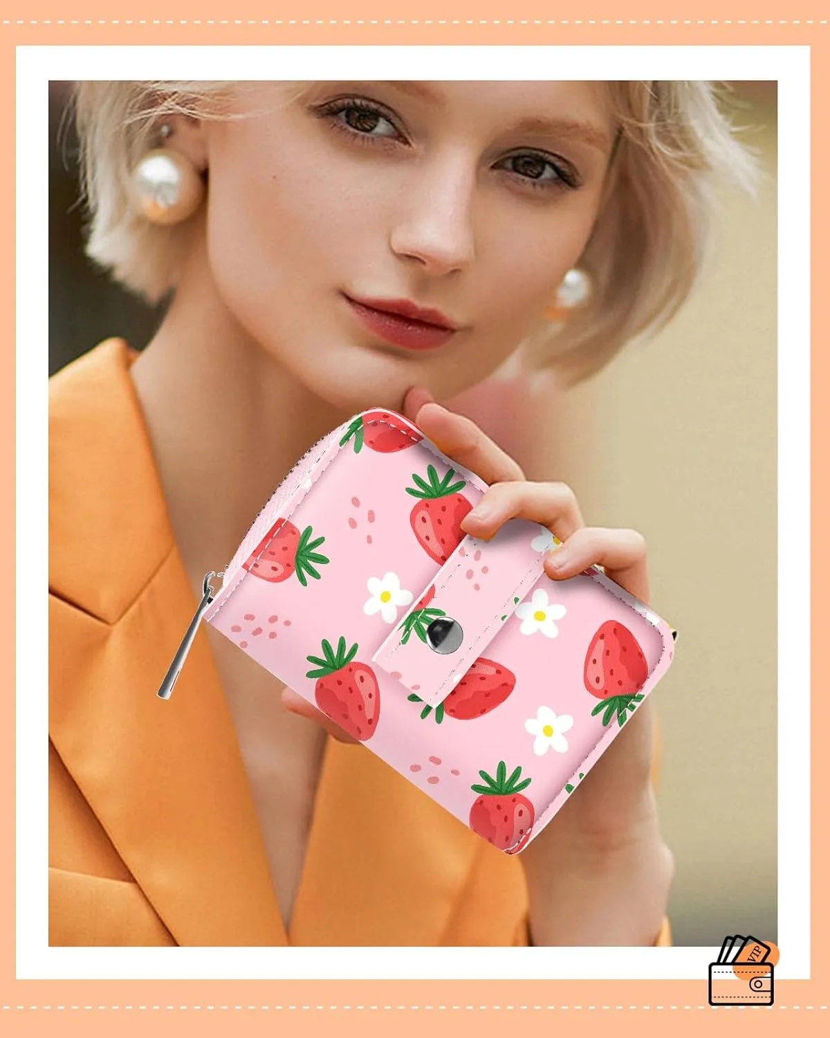 Bistup Credit Card Holder Wallet for Women Ladies Cute Small Teen Girls Female Rfid Leather Cardholder Wallets Organizer Purse Strawberry Girly Aesthetic Print Unique Zipper