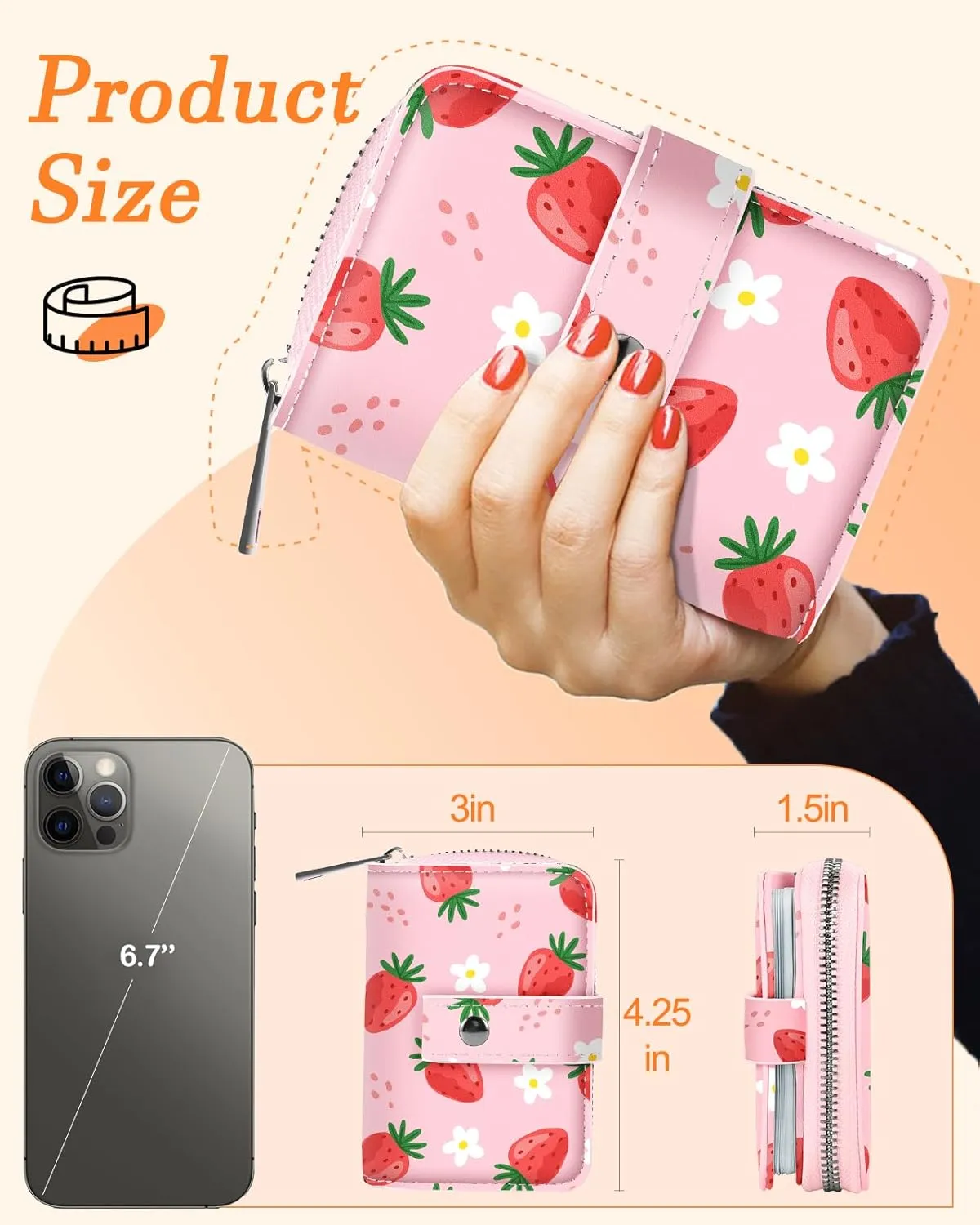 Bistup Credit Card Holder Wallet for Women Ladies Cute Small Teen Girls Female Rfid Leather Cardholder Wallets Organizer Purse Strawberry Girly Aesthetic Print Unique Zipper