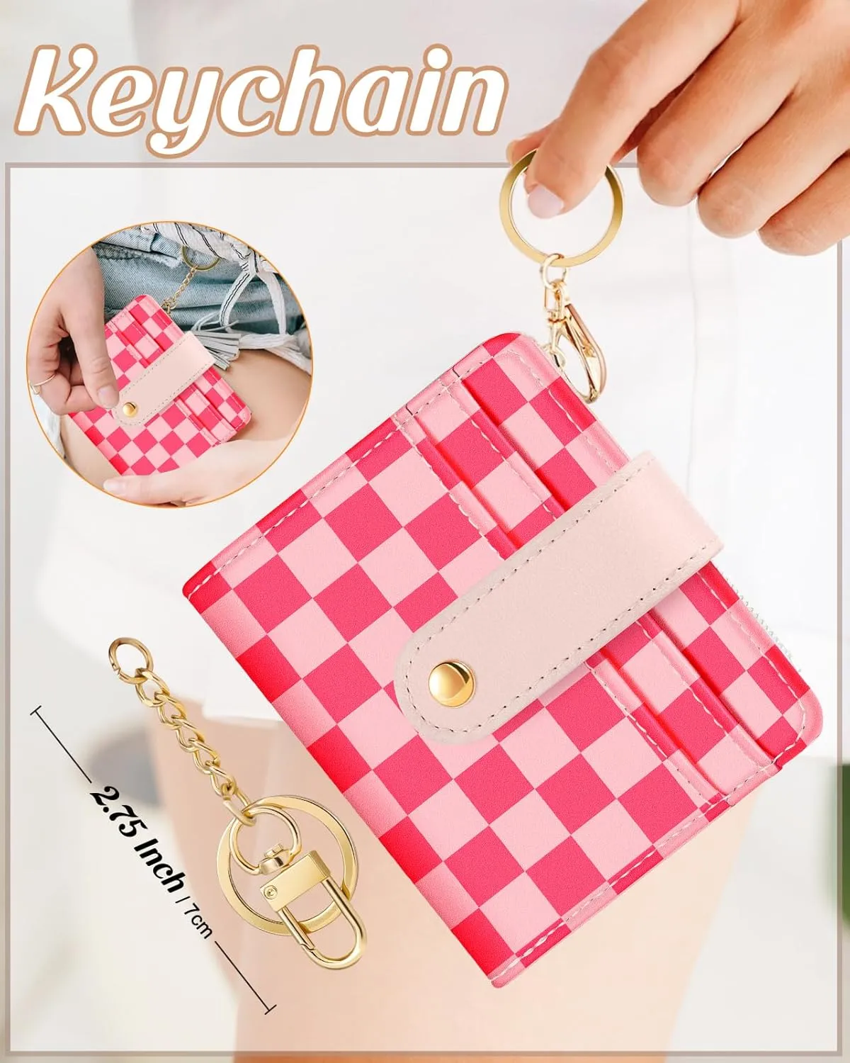 Bistup Wallet for Women Cute Bifold Small Card Wallet Rfid with Keychain for Ladies Teen Girls Female Medium Girly Aesthetic Thin Slim Checkered Plaid Unique Pretty Leather Credit Card Holder Purse