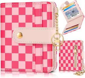 Bistup Wallet for Women Cute Bifold Small Card Wallet Rfid with Keychain for Ladies Teen Girls Female Medium Girly Aesthetic Thin Slim Checkered Plaid Unique Pretty Leather Credit Card Holder Purse