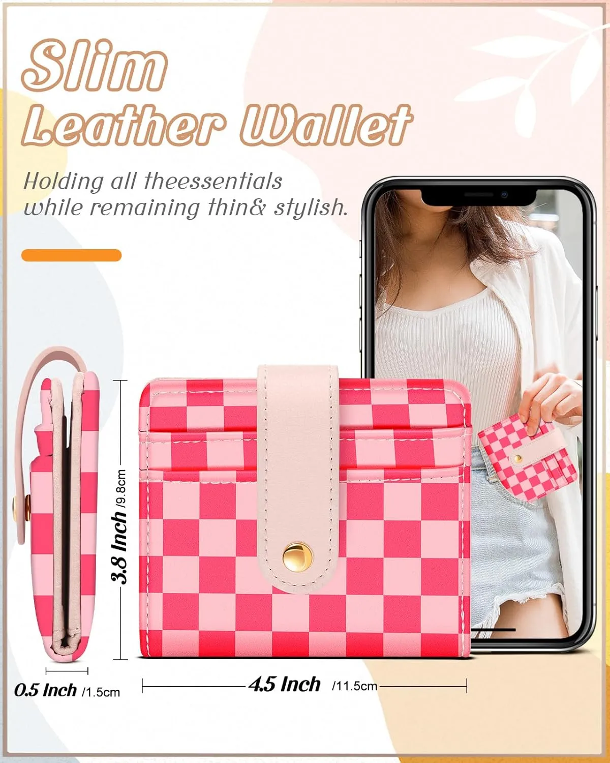 Bistup Wallet for Women Cute Bifold Small Card Wallet Rfid with Keychain for Ladies Teen Girls Female Medium Girly Aesthetic Thin Slim Checkered Plaid Unique Pretty Leather Credit Card Holder Purse