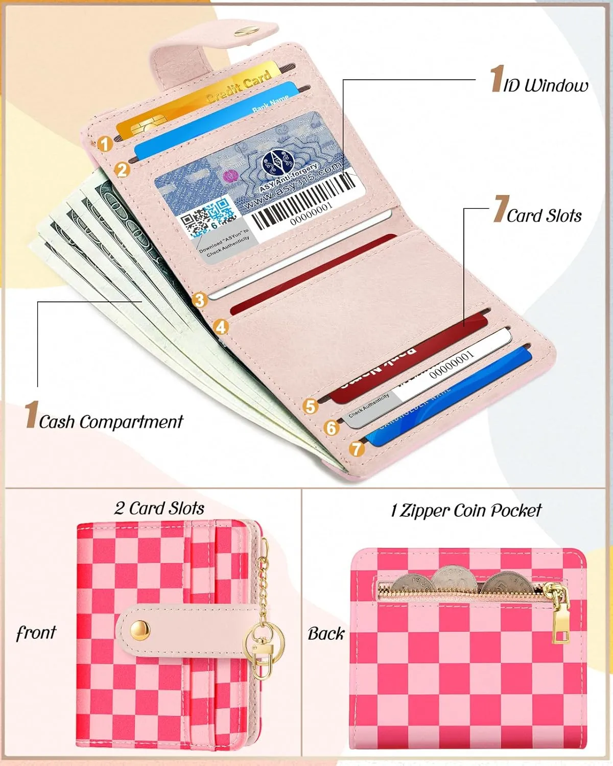 Bistup Wallet for Women Cute Bifold Small Card Wallet Rfid with Keychain for Ladies Teen Girls Female Medium Girly Aesthetic Thin Slim Checkered Plaid Unique Pretty Leather Credit Card Holder Purse