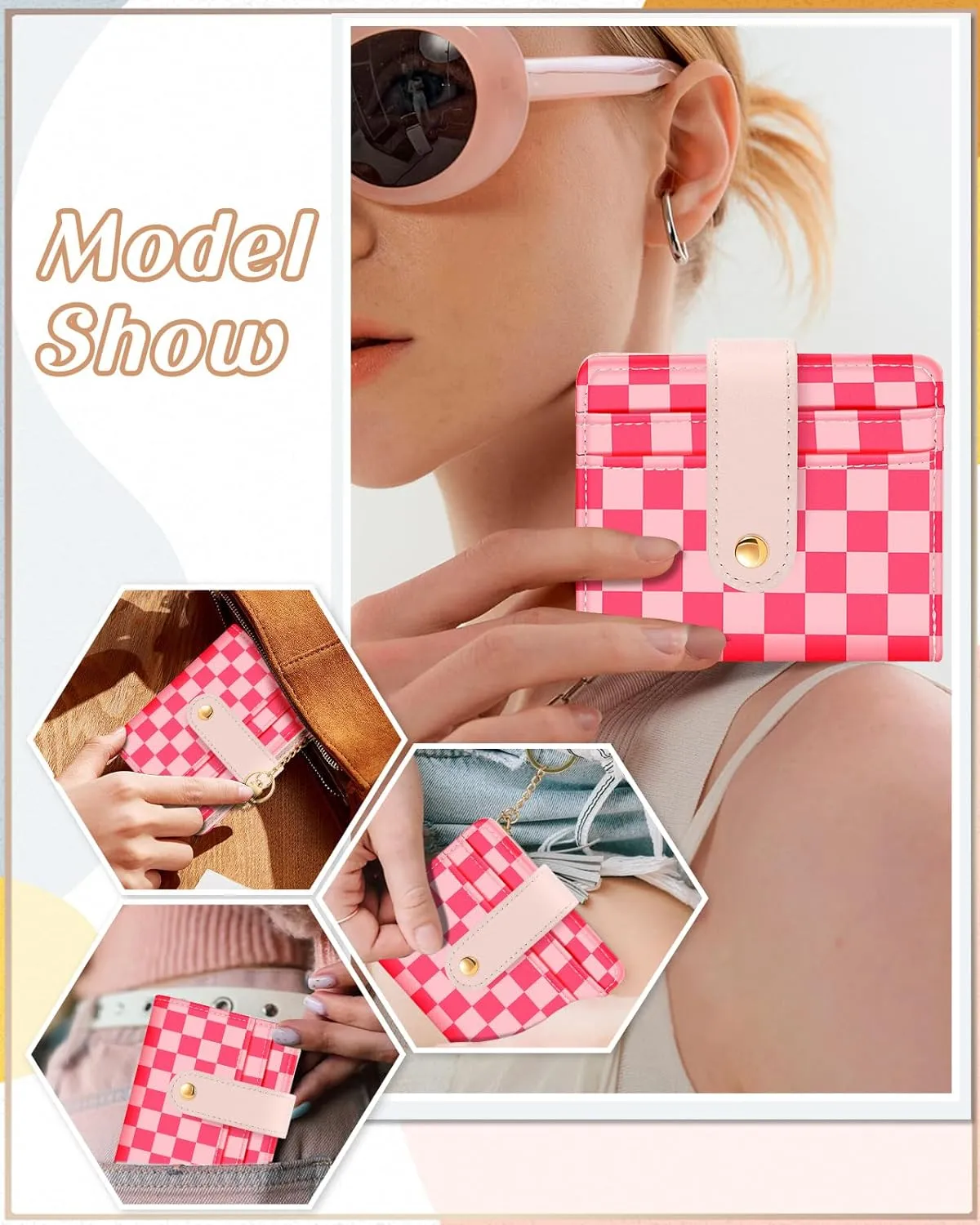 Bistup Wallet for Women Cute Bifold Small Card Wallet Rfid with Keychain for Ladies Teen Girls Female Medium Girly Aesthetic Thin Slim Checkered Plaid Unique Pretty Leather Credit Card Holder Purse