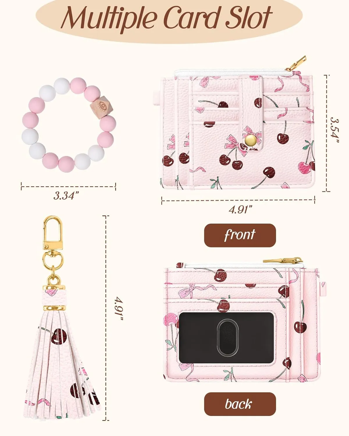 Bistup Wallet Keychain Wristlet for Women - Credit Card Holder Wallets Key Chain Ring Cute Design Slim Small RFID Coin Pocket Purse for Ladies Teen Girls Fashion Cherry