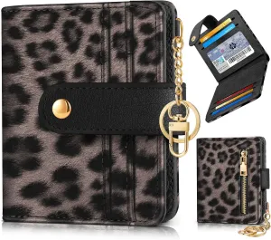 Bistup Wallet Women Slim Cute Leather Thin Bifold Small Card Wallet Purse for Ladies Teen Girls Female Medium Aesthetic Tiny Cheetah Print Simple Unique Pretty Modern Credit Card Holder Keychain Rfid