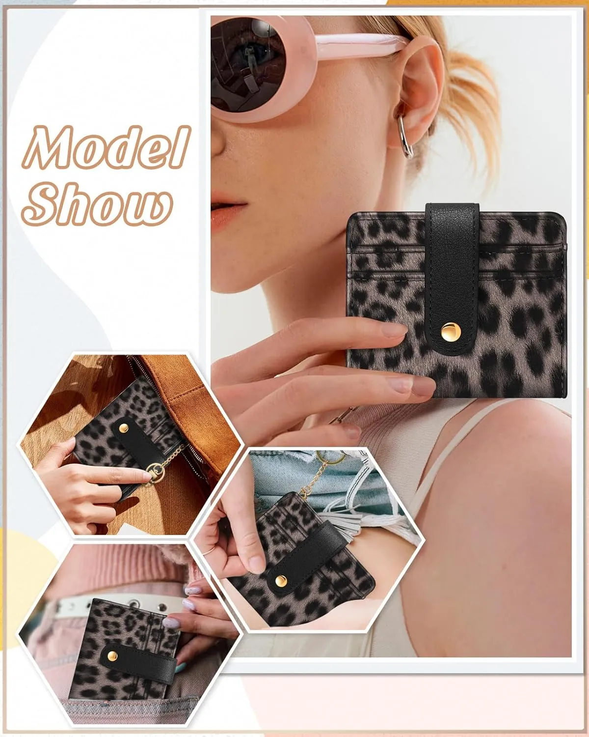Bistup Wallet Women Slim Cute Leather Thin Bifold Small Card Wallet Purse for Ladies Teen Girls Female Medium Aesthetic Tiny Cheetah Print Simple Unique Pretty Modern Credit Card Holder Keychain Rfid