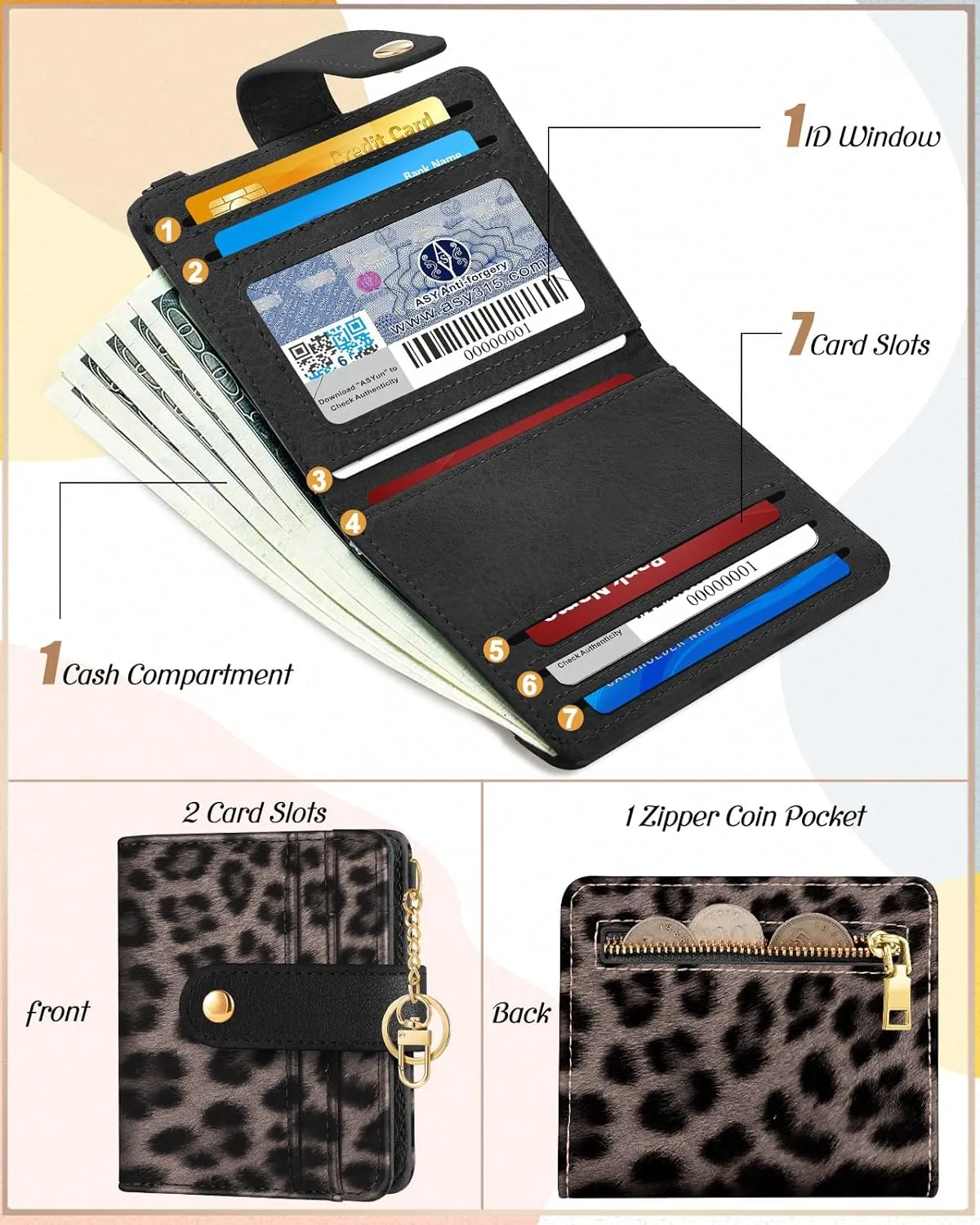 Bistup Wallet Women Slim Cute Leather Thin Bifold Small Card Wallet Purse for Ladies Teen Girls Female Medium Aesthetic Tiny Cheetah Print Simple Unique Pretty Modern Credit Card Holder Keychain Rfid