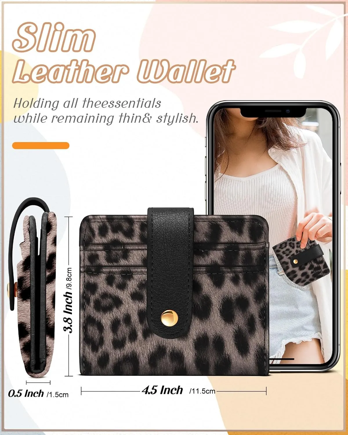 Bistup Wallet Women Slim Cute Leather Thin Bifold Small Card Wallet Purse for Ladies Teen Girls Female Medium Aesthetic Tiny Cheetah Print Simple Unique Pretty Modern Credit Card Holder Keychain Rfid