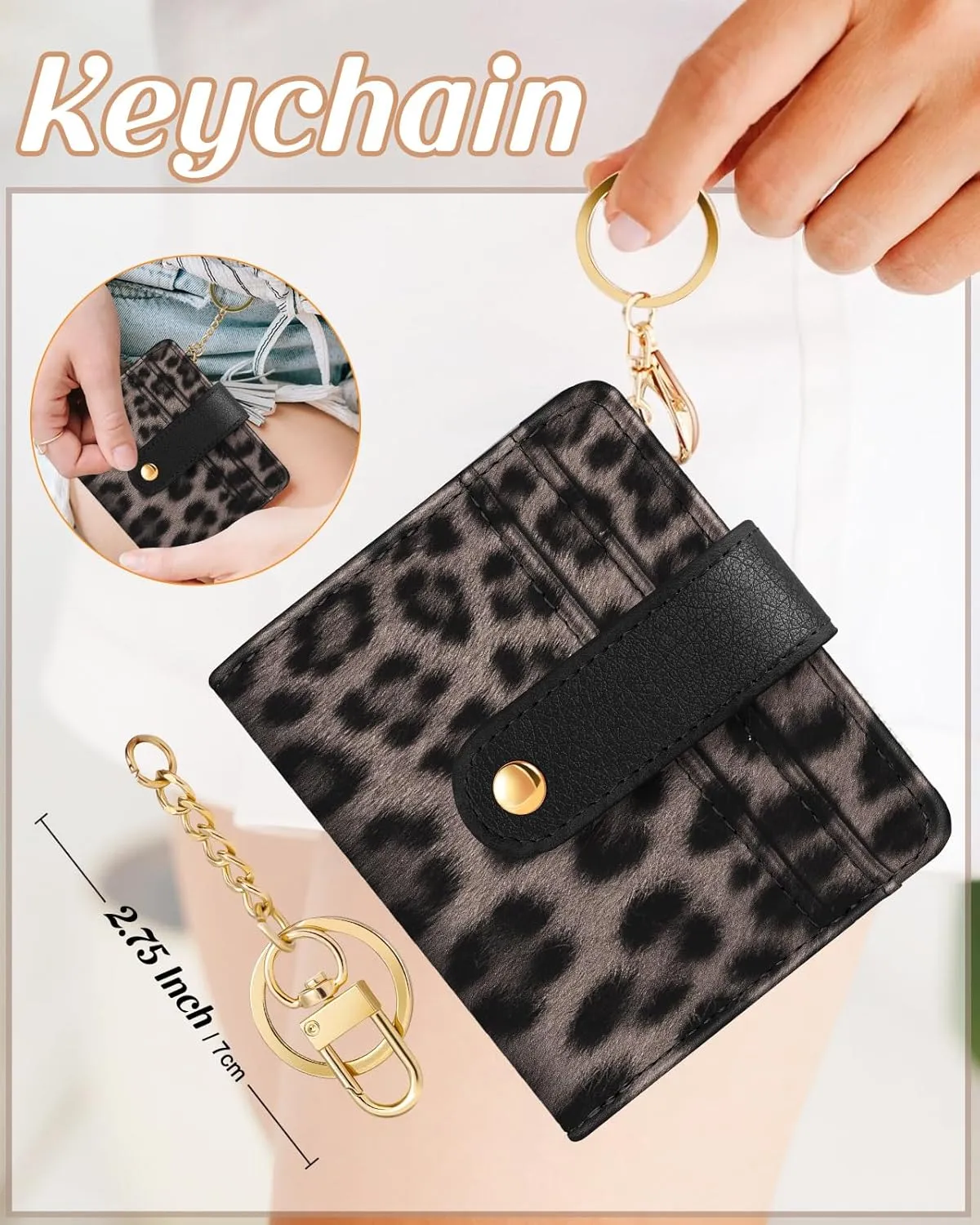 Bistup Wallet Women Slim Cute Leather Thin Bifold Small Card Wallet Purse for Ladies Teen Girls Female Medium Aesthetic Tiny Cheetah Print Simple Unique Pretty Modern Credit Card Holder Keychain Rfid