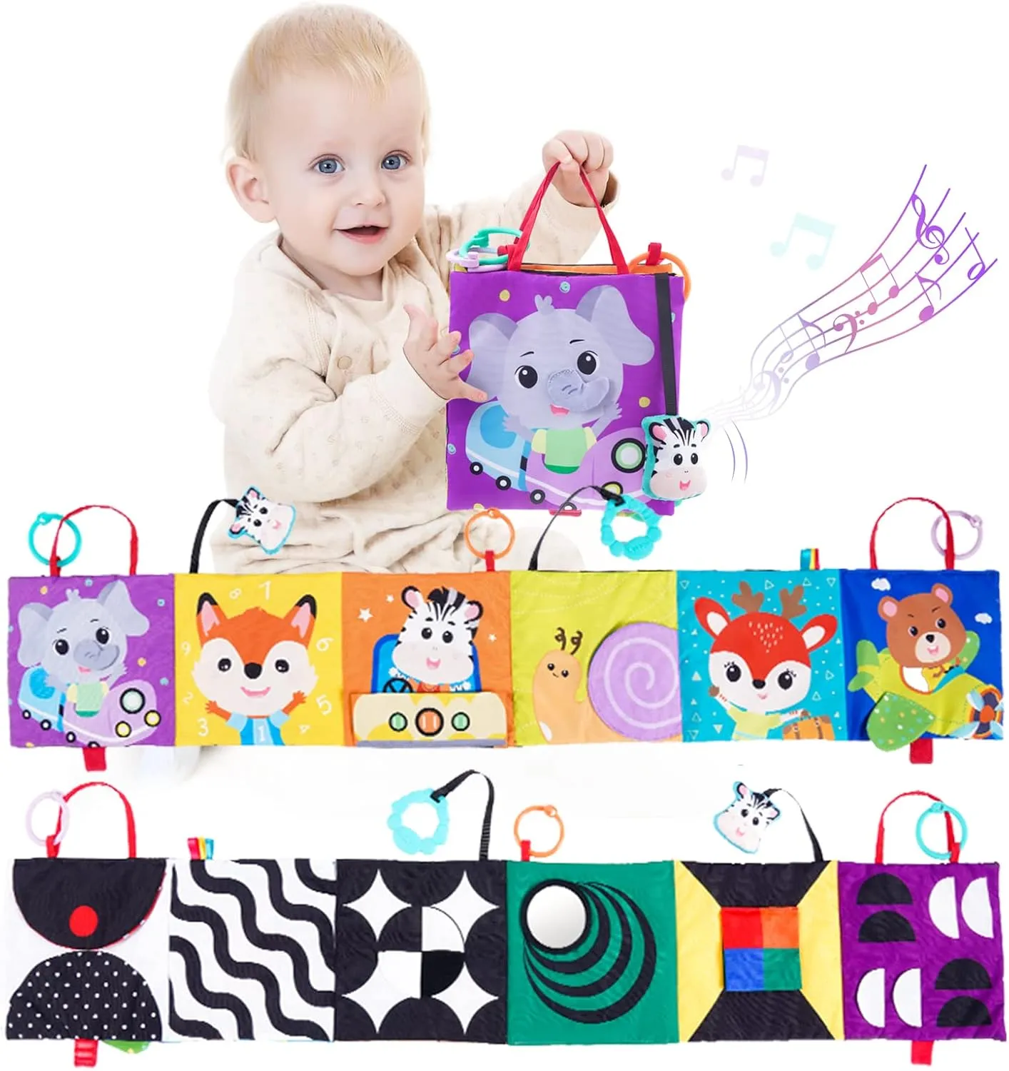 Black and White Baby Toys 0-3 Months, Baby Sensory Toys, High Contrast Baby Cards, Soft Book for Infant Toddler Newborn Toys with Rattles, mirror, Teether,Crinkle,Tummy Time Toys for Babies 0-6 Months
