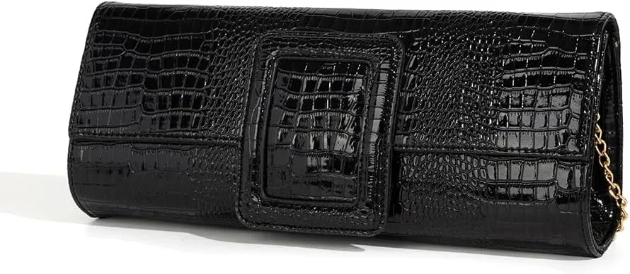 Black Elegant PU Leather Clutch Purse, Women Formal Purse Dresssing Evening Bag Stylish Crocodile Patent Party Clutch