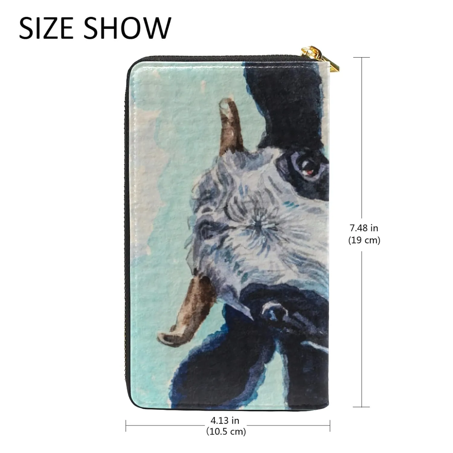 Black White Cow Face with Tongue Out on Turquoise Art Women Leather Zipper Long Wallet, Coin Clutch Pouch Pocket Key CardLarge Capacity Organizer Slim Cover Case Change Purse Holder