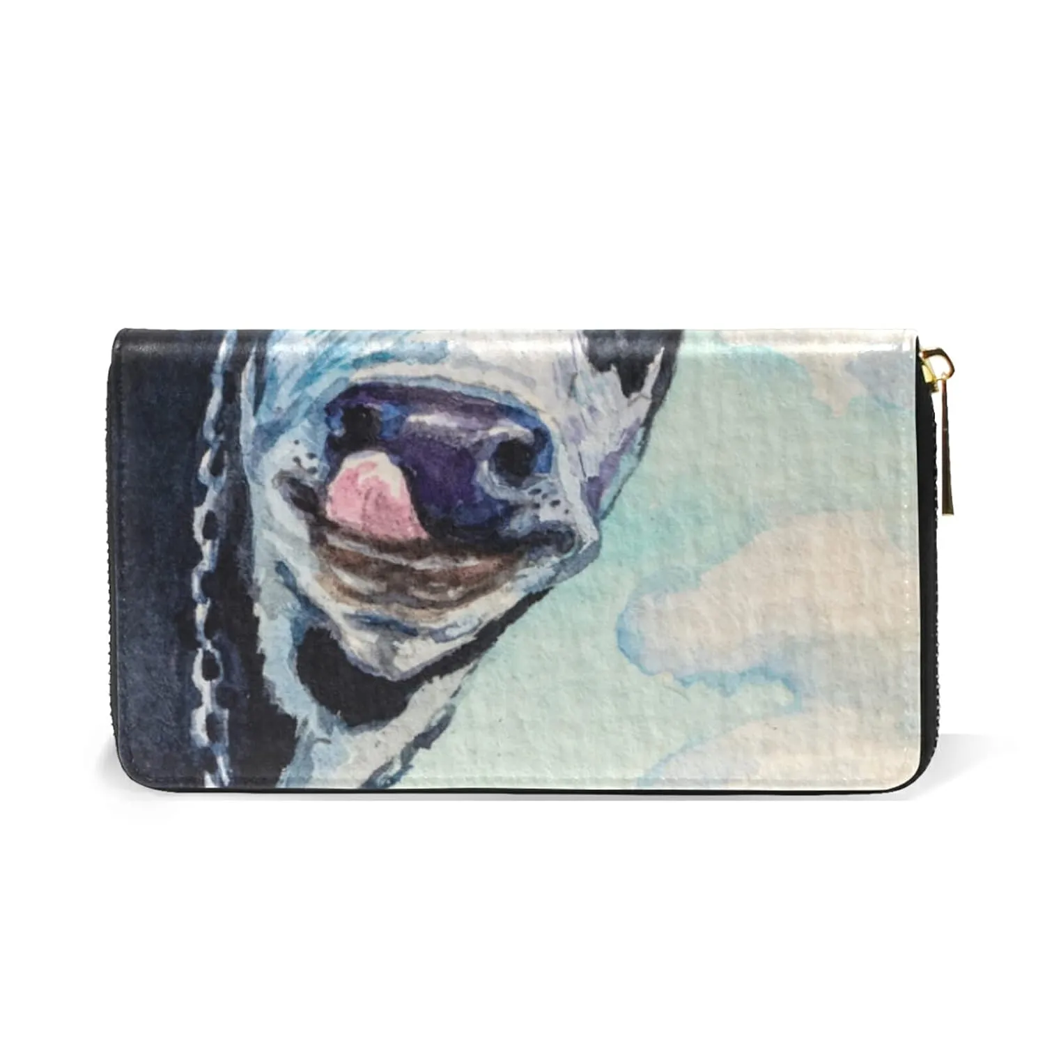 Black White Cow Face with Tongue Out on Turquoise Art Women Leather Zipper Long Wallet, Coin Clutch Pouch Pocket Key CardLarge Capacity Organizer Slim Cover Case Change Purse Holder