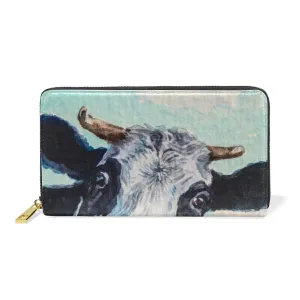 Black White Cow Face with Tongue Out on Turquoise Art Women Leather Zipper Long Wallet, Coin Clutch Pouch Pocket Key CardLarge Capacity Organizer Slim Cover Case Change Purse Holder
