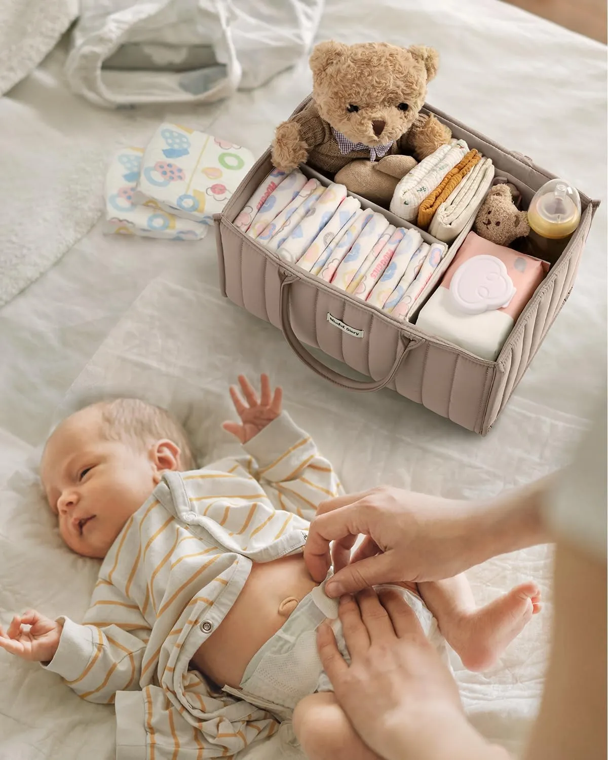 Blissful Diary Baby Diaper Caddy Organizer, Stylish Storage Basket for Newborn Essentials and Diaper Station, Gift for Baby Shower and Registry Must-Have, Sand