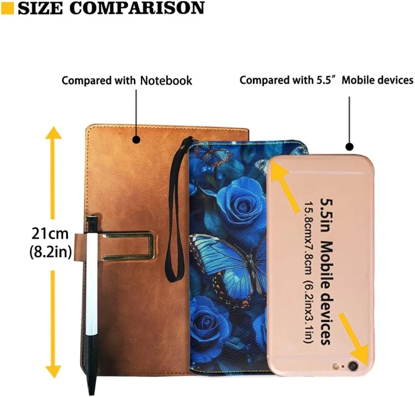 Blue Butterfly Rose Print Women's RFID Blocking Wallet PU Leather Zip Around Clutch Bag Large Travel Card Holder Purse