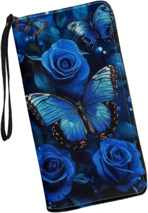 Blue Butterfly Rose Print Women's RFID Blocking Wallet PU Leather Zip Around Clutch Bag Large Travel Card Holder Purse