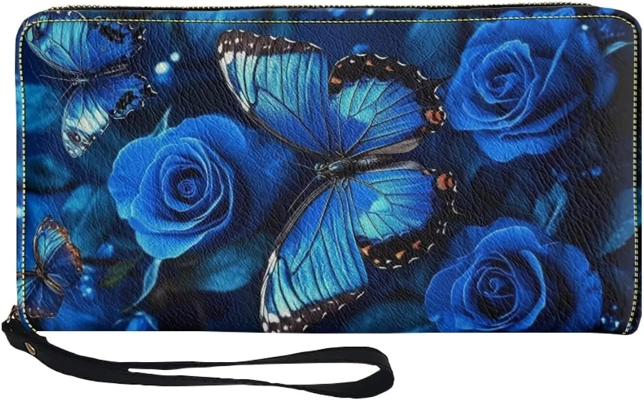 Blue Butterfly Rose Print Women's RFID Blocking Wallet PU Leather Zip Around Clutch Bag Large Travel Card Holder Purse