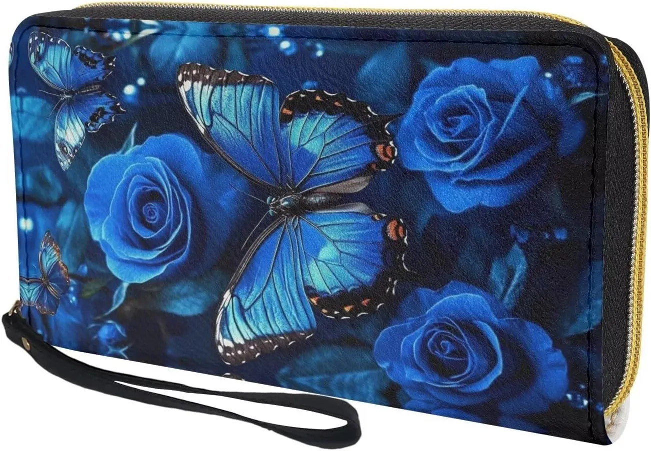Blue Butterfly Rose Print Women's RFID Blocking Wallet PU Leather Zip Around Clutch Bag Large Travel Card Holder Purse