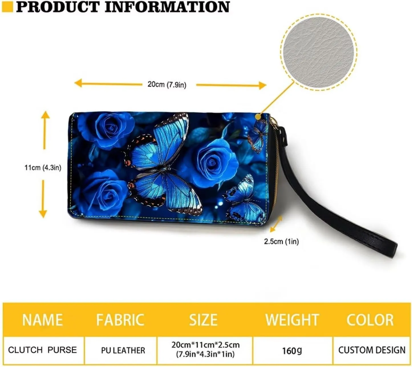 Blue Butterfly Rose Print Women's RFID Blocking Wallet PU Leather Zip Around Clutch Bag Large Travel Card Holder Purse