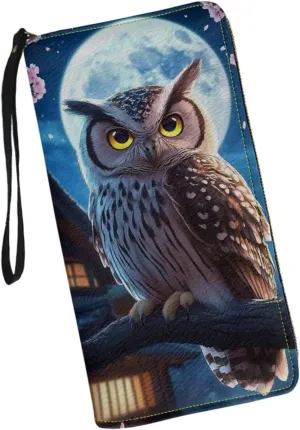 Blue Owl Moon Zipper Around Wristlet PU Wallets for Womens Travel Long Card Holder Purse Clutch Handbag