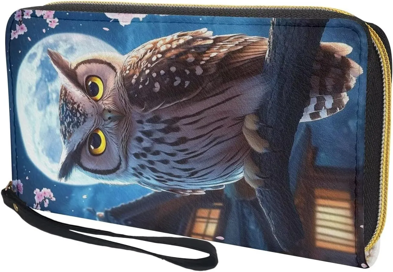 Blue Owl Moon Zipper Around Wristlet PU Wallets for Womens Travel Long Card Holder Purse Clutch Handbag