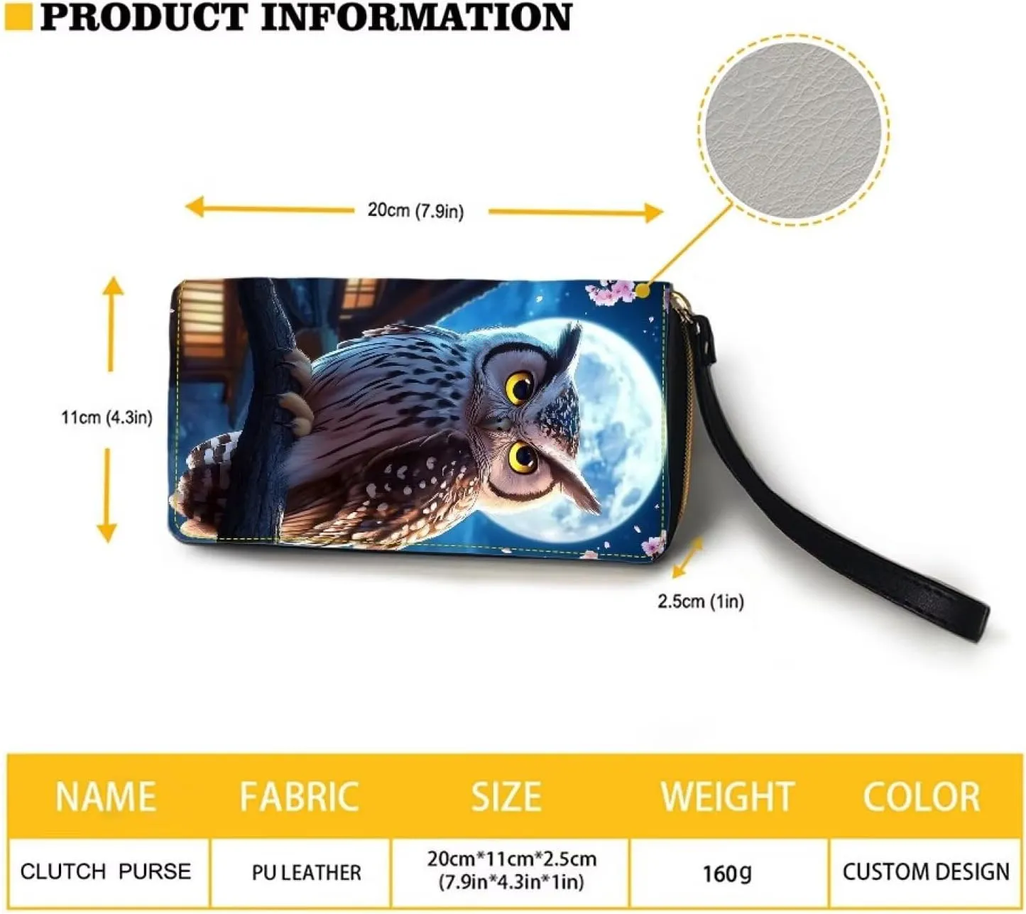Blue Owl Moon Zipper Around Wristlet PU Wallets for Womens Travel Long Card Holder Purse Clutch Handbag