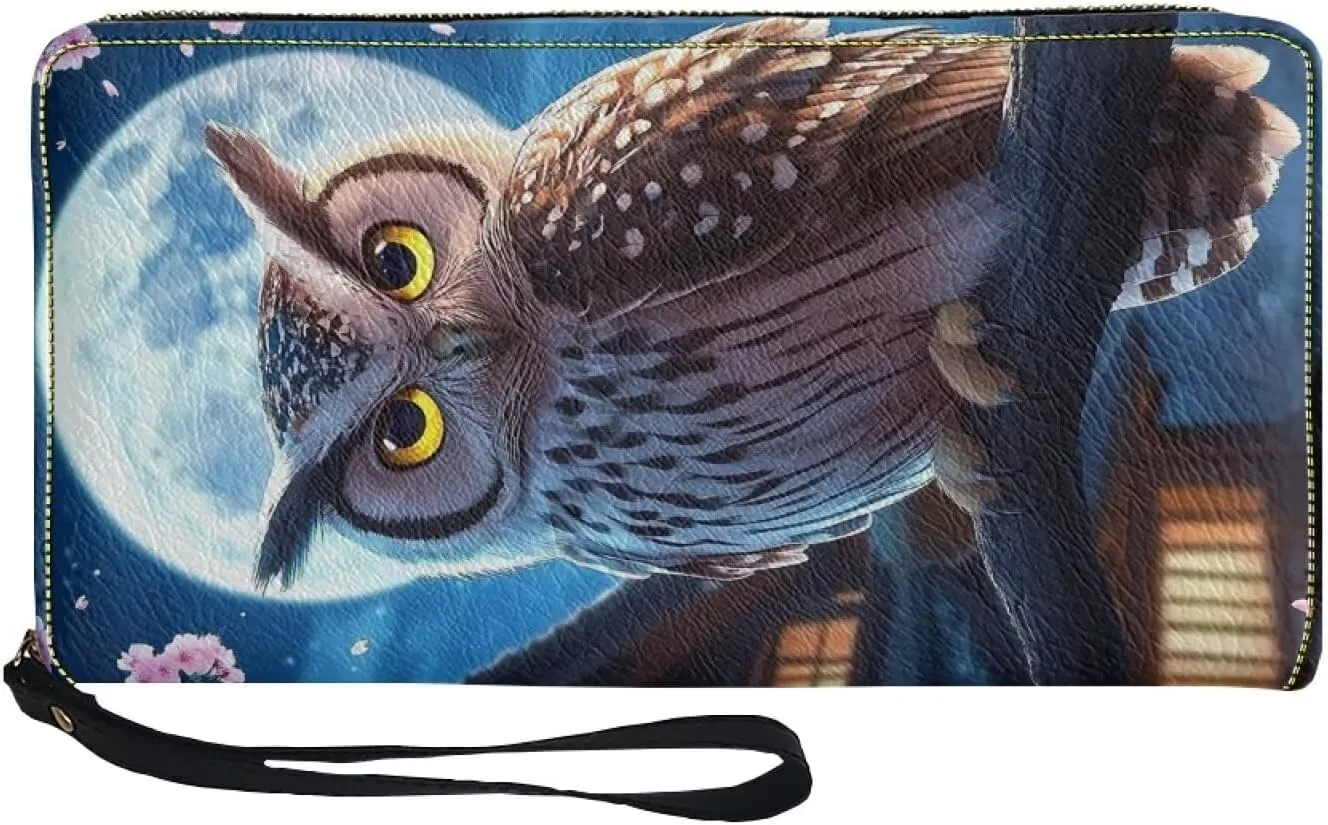 Blue Owl Moon Zipper Around Wristlet PU Wallets for Womens Travel Long Card Holder Purse Clutch Handbag
