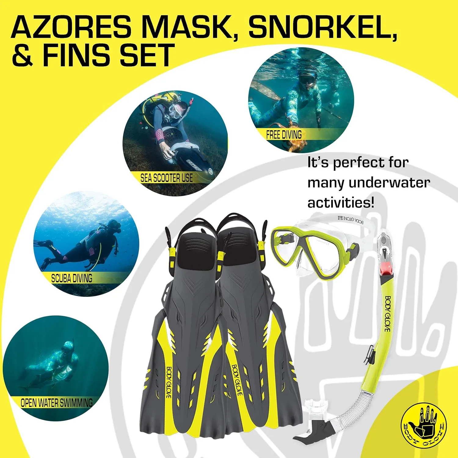 Body Glove Azores Adults Snorkel Set with Panoramic View Tempered Glass Diving Mask Silicone Goggle, Swimming Fins, Anti-Leak Dry Top Flex Tube for Snorkeling Swimming Scuba Diving