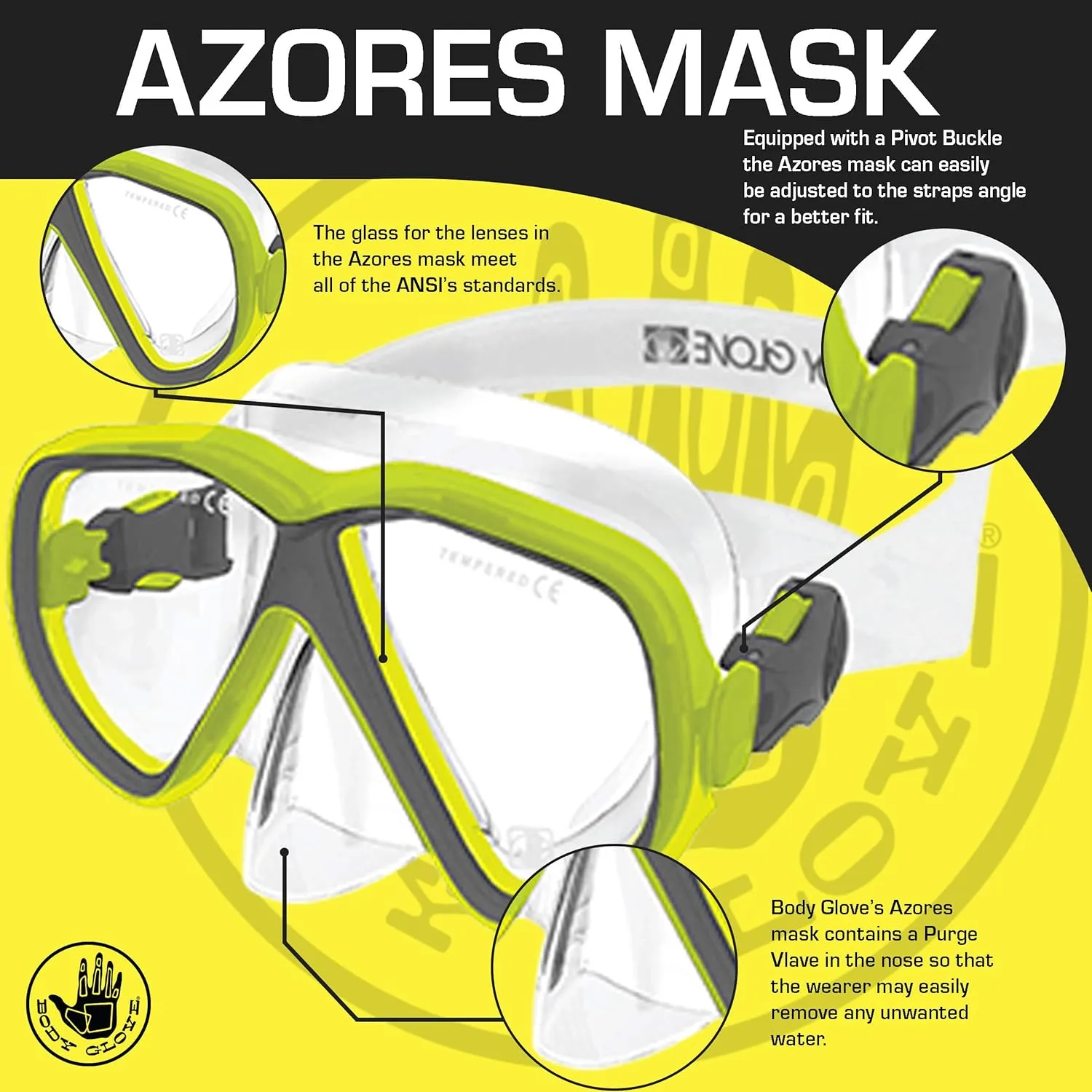 Body Glove Azores Adults Snorkel Set with Panoramic View Tempered Glass Diving Mask Silicone Goggle, Swimming Fins, Anti-Leak Dry Top Flex Tube for Snorkeling Swimming Scuba Diving