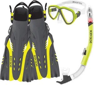 Body Glove Azores Adults Snorkel Set with Panoramic View Tempered Glass Diving Mask Silicone Goggle, Swimming Fins, Anti-Leak Dry Top Flex Tube for Snorkeling Swimming Scuba Diving