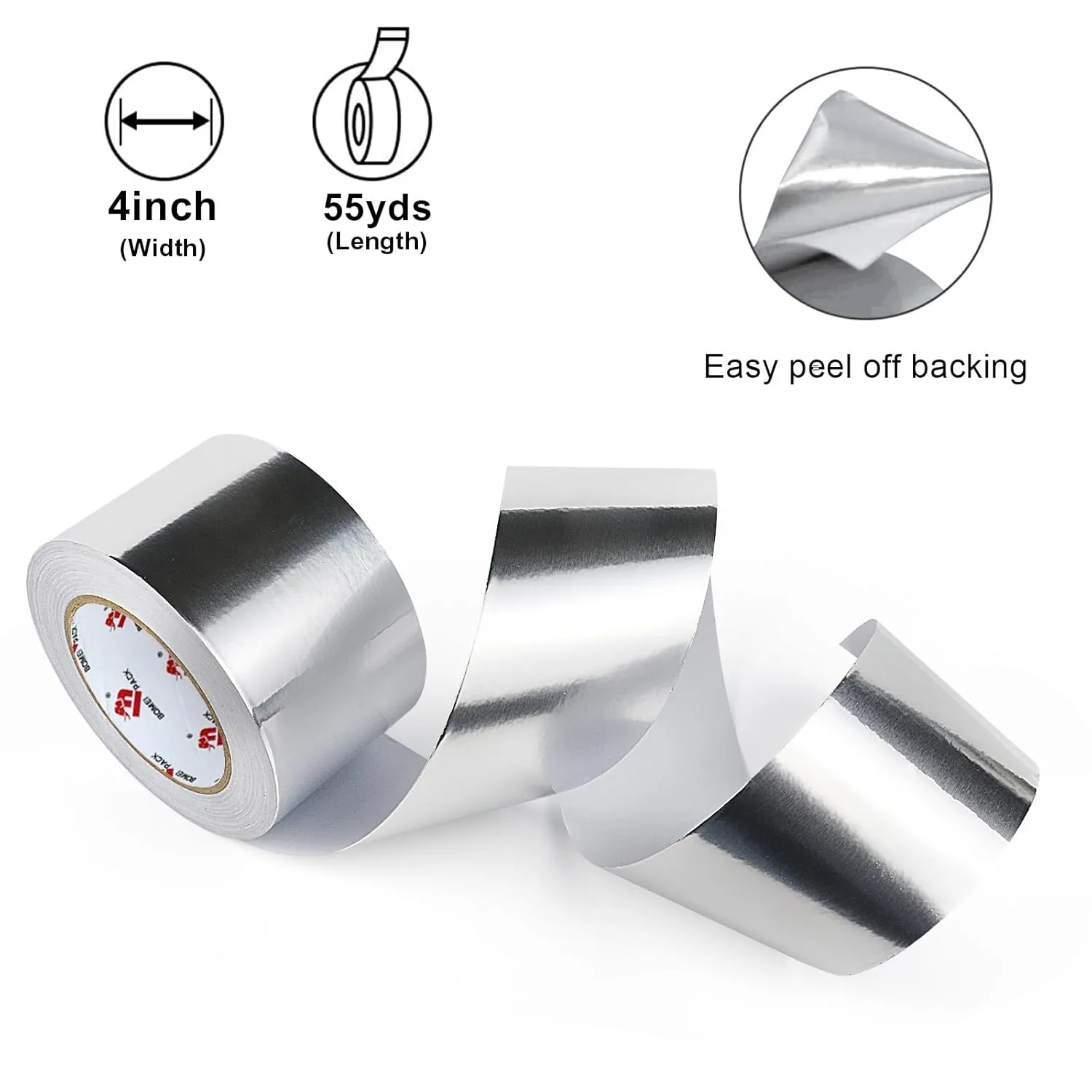 BOMEI PACK Aluminum Foil Tape,Heavy Duty Metal Duct Tape,High Temperature Silver Tape,Perfect for Sealing & Patching,HVAC,Air Ducts,Insulation and Metal Repair (4 Inch)