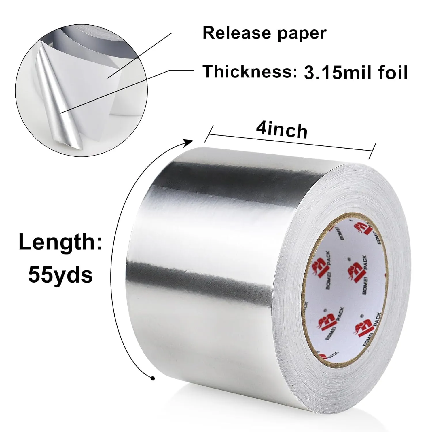 BOMEI PACK Aluminum Foil Tape,Heavy Duty Metal Duct Tape,High Temperature Silver Tape,Perfect for Sealing & Patching,HVAC,Air Ducts,Insulation and Metal Repair (4 Inch)