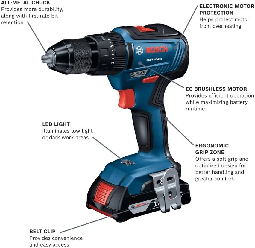 BOSCH GSB18V-490B12 18V EC Brushless 1/2 In. Hammer Drill/Driver Kit with (1) 2 Ah Standard Power Battery