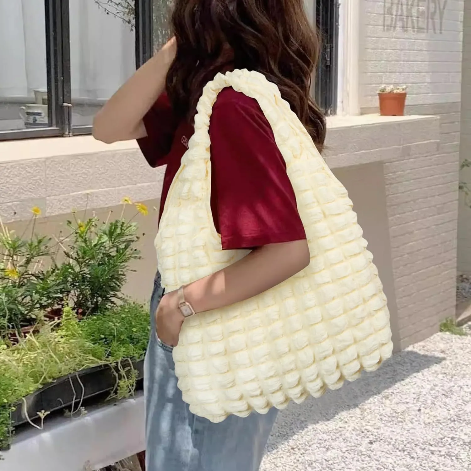 BOSTANTEN Small Puffer Bag for Women Lightweight Hobo Handbag Bubble Puffy Shoulder Purse for Travel 13" L*11" H*3.13" W