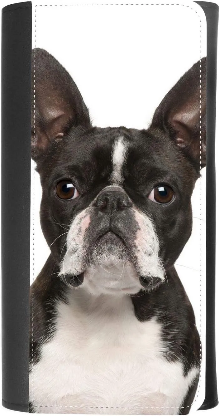 (Boston Terrier) women's Patterned Leather Buckle Trifold Wallet Bag Pouch Holster With Credit Card Holder insurance for smartphones