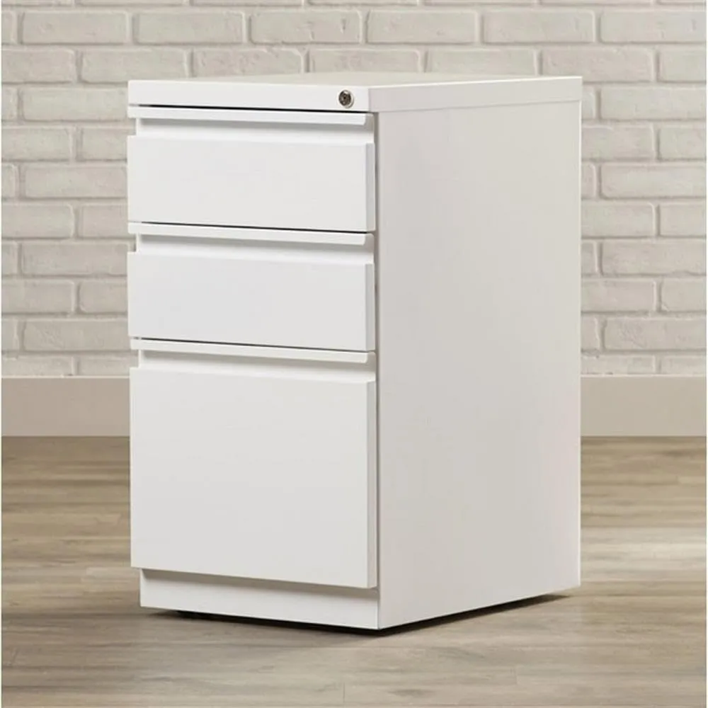 BOWERY HILL 20" 3-Drawer Modern Metal Mobile Pedestal File Cabinet in White