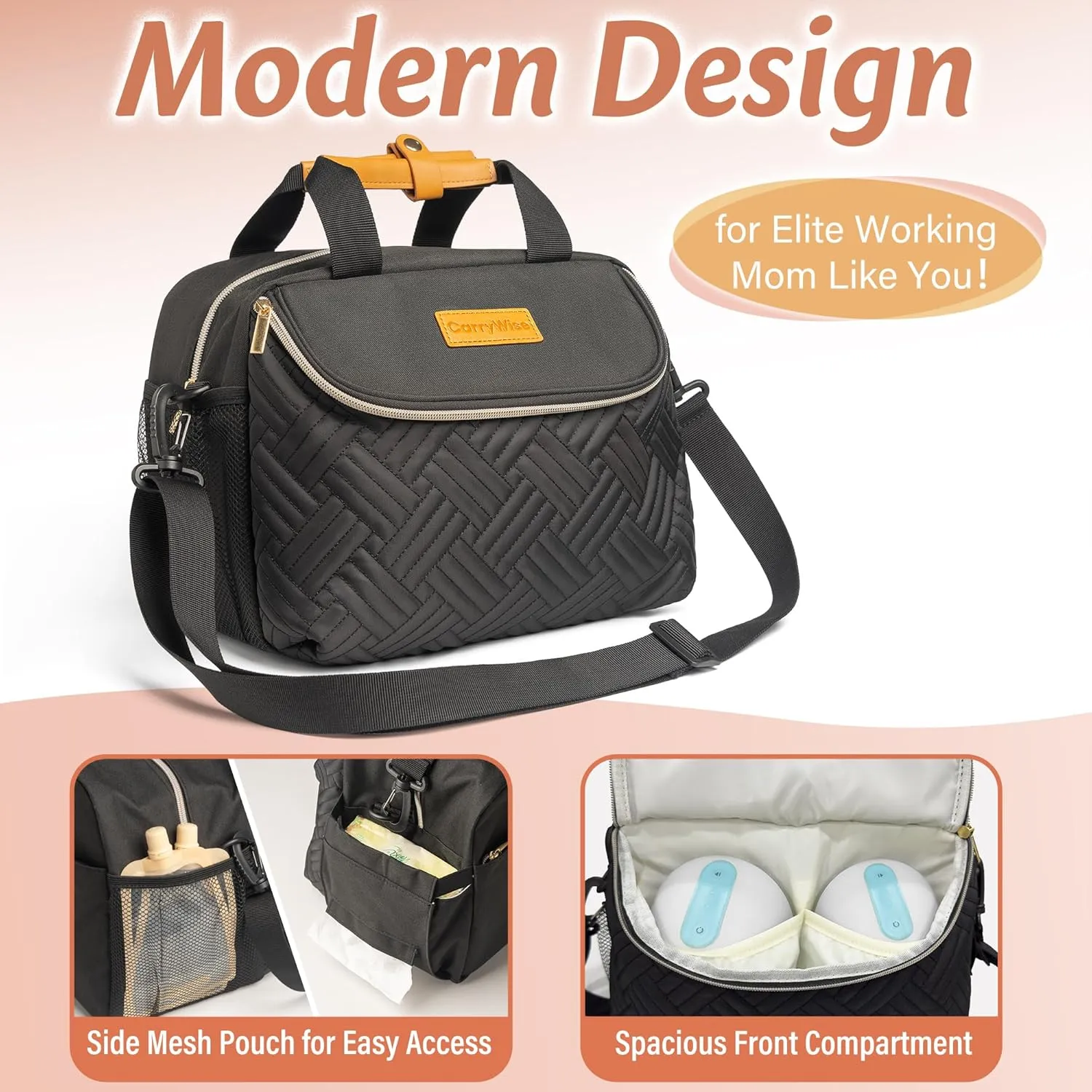 Breast Pump Bag Adjustable Dividers, Waterproof Changing Mat, Travel Bag with Adjustable Shoulder Strap, for Work, Daily Use, and Pump Accessories