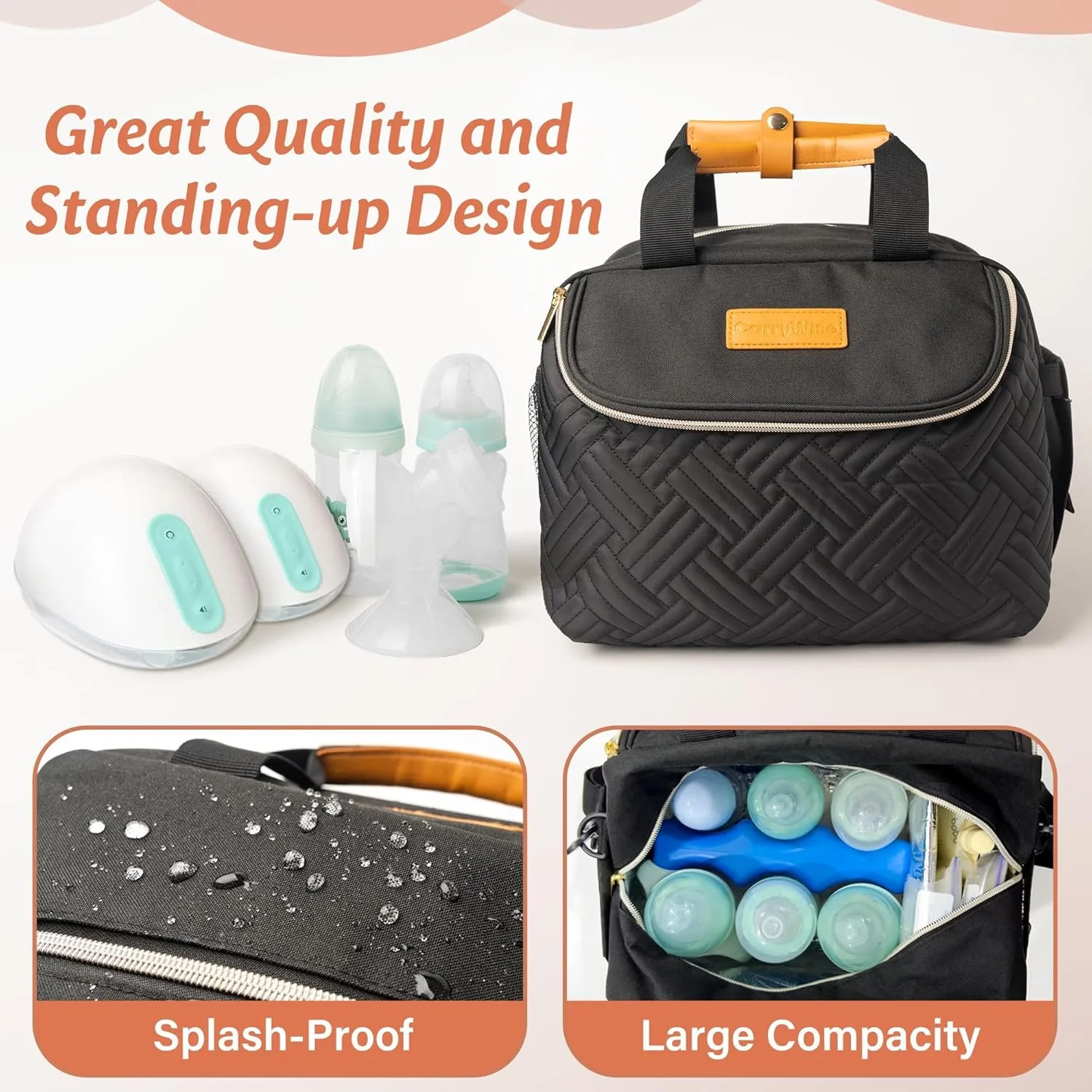Breast Pump Bag Adjustable Dividers, Waterproof Changing Mat, Travel Bag with Adjustable Shoulder Strap, for Work, Daily Use, and Pump Accessories