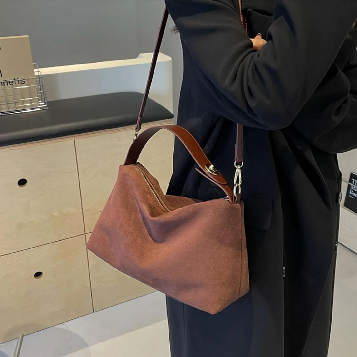 Brown Suede Bags for Women Faux Suede Purse Suede Handbag Suede Tote Bag for Work Office