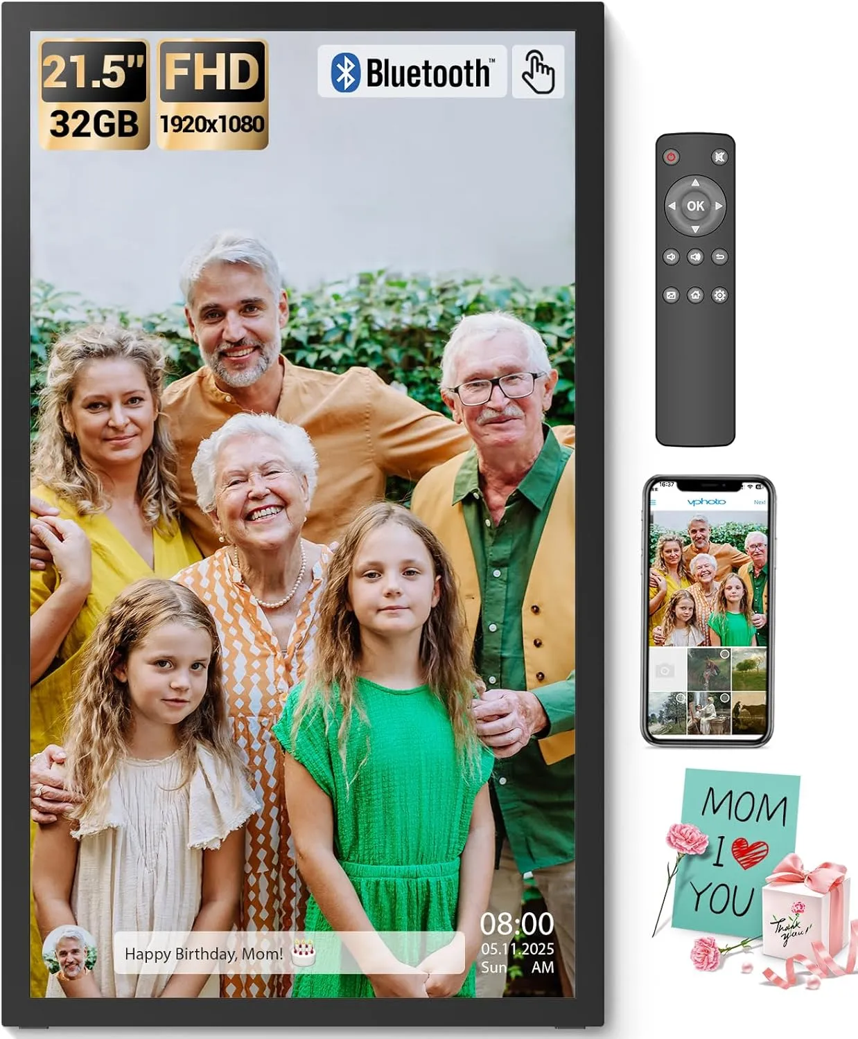 BSIMB 21.5 Inch Touchscreen Large Digital Picture Frame, 1920x1080 FHD WiFi Electronic Photo Frame Display 32GB Remote Control, Share Pictures/Videos via App/USB/SD Easy Setup Gifts for Mom, Black