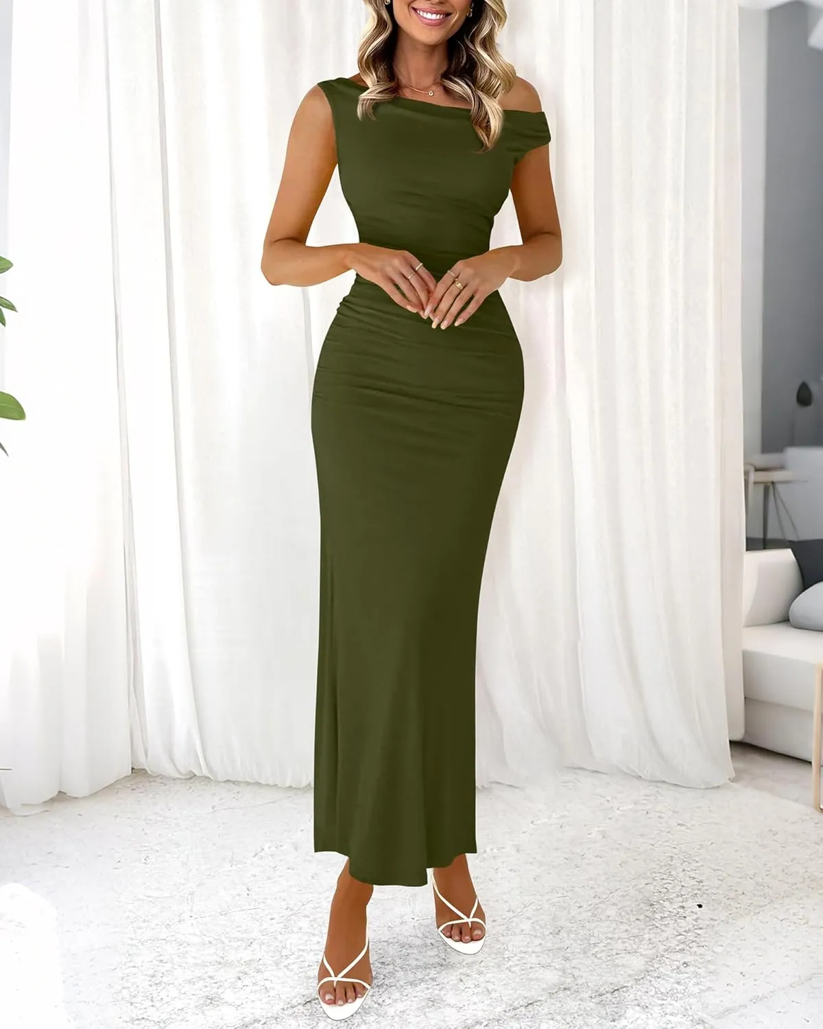 BTFBM Women 2025 Summer One Shoulder Bodycon Ruched Maxi Dresses Slit Mesh Long Formal Cocktail Wedding Guest Dress