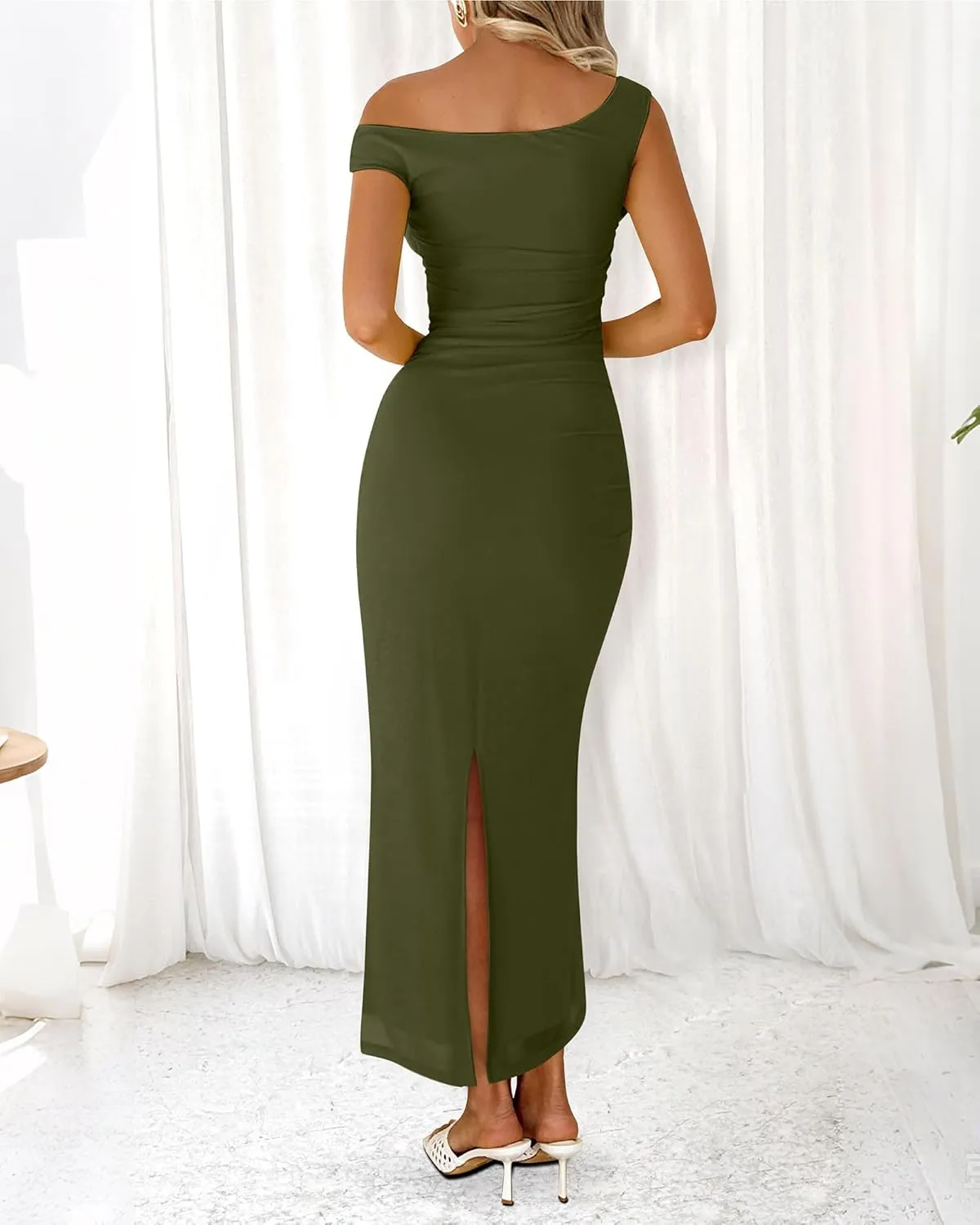 BTFBM Women 2025 Summer One Shoulder Bodycon Ruched Maxi Dresses Slit Mesh Long Formal Cocktail Wedding Guest Dress