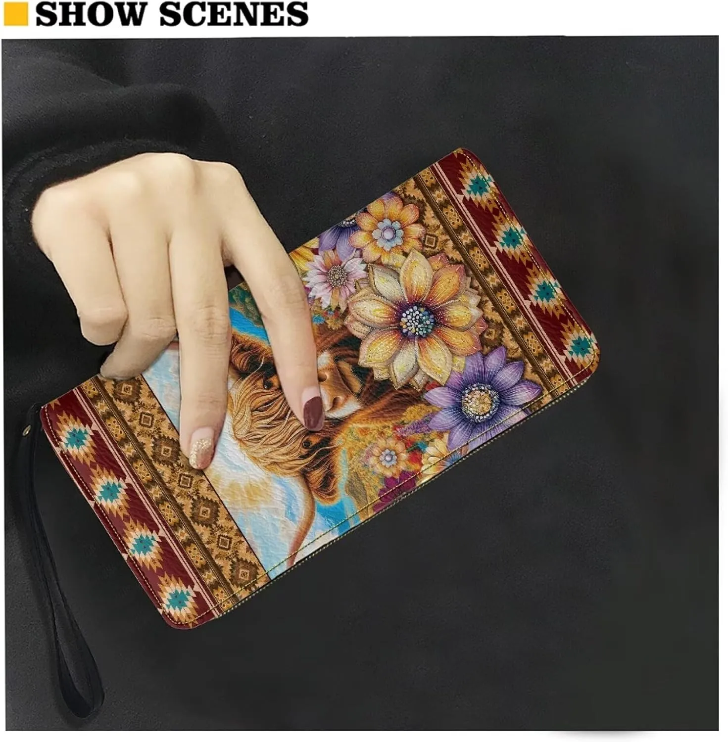 Bulopur Highland Cow Womens Wallets Large Capacity Zipper Aztec Wristlet Wallets Waterproof Ladies Clutch Purses Coin Cash Holder Bags