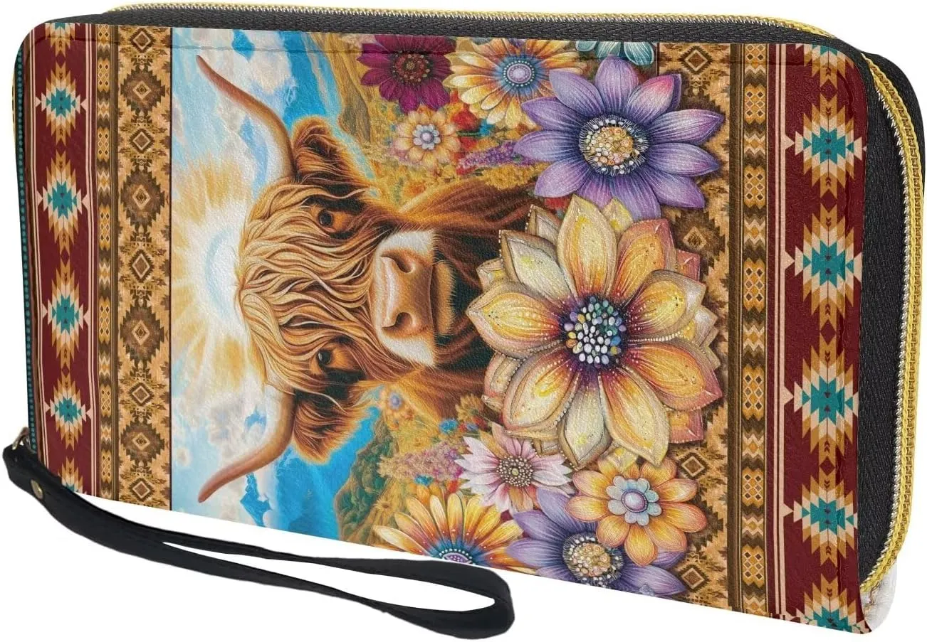 Bulopur Highland Cow Womens Wallets Large Capacity Zipper Aztec Wristlet Wallets Waterproof Ladies Clutch Purses Coin Cash Holder Bags